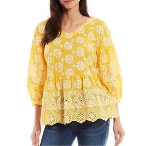 JOHN MARK Floral Embroidered 3/4 Puff Sleeve Ruffle Scalloped Hem Top Size M